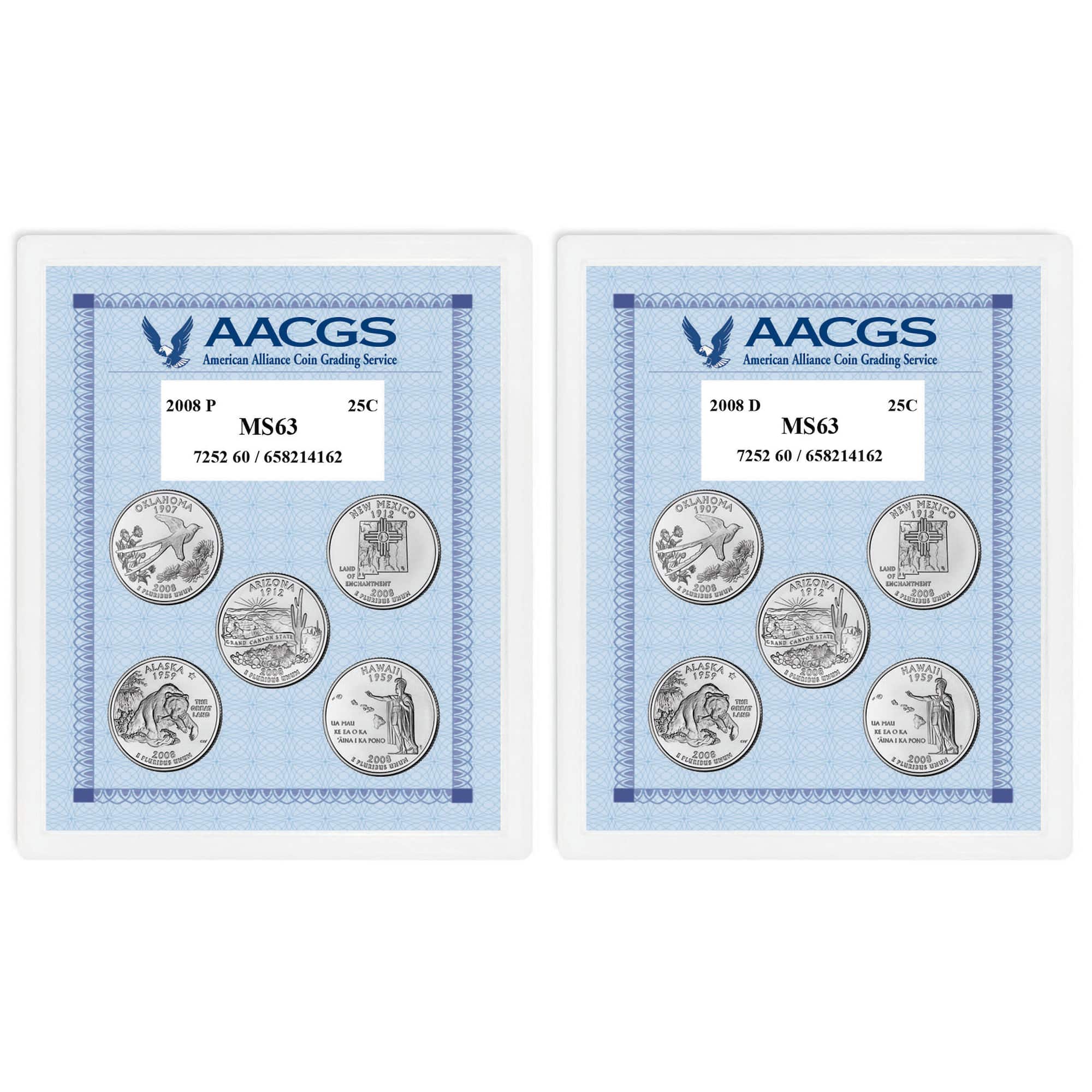 2008P & 2008D Statehood Quarters Graded MS63 Brilliant Uncirculated